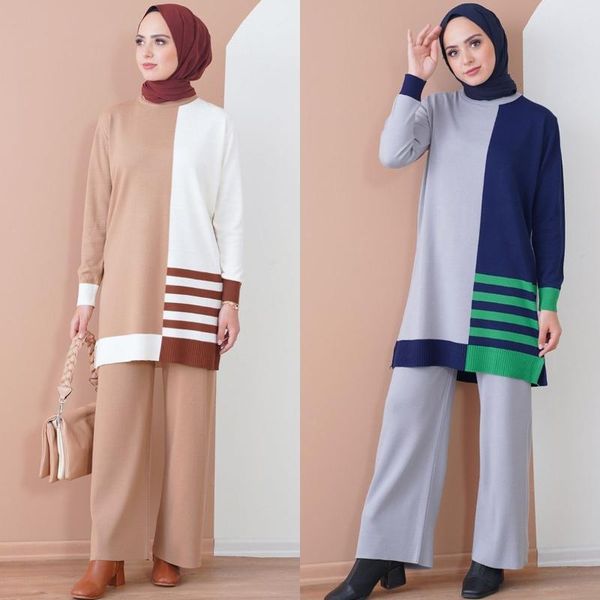 

ethnic clothing horizontal line patterned brown knitwear double suit unlined zero collar long sleeve winter seasonal women muslim fashion hi, Red