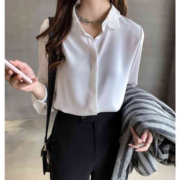 

plus size blouses for women chiffon white lace blouse the office shirt button up long sleeve loose elegant blusas femininas 210603