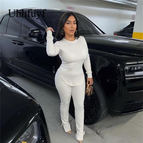 

women's two piece pants uhhfuyf tight-fitting solid color two-piece round neck long split stretch high-waist pencil set, White