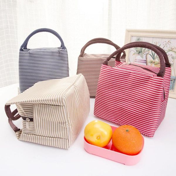 

bag organizer leisure women portable lunch canvas stripe insulated cooler bags thermal picnic kids box tote, Blue;pink