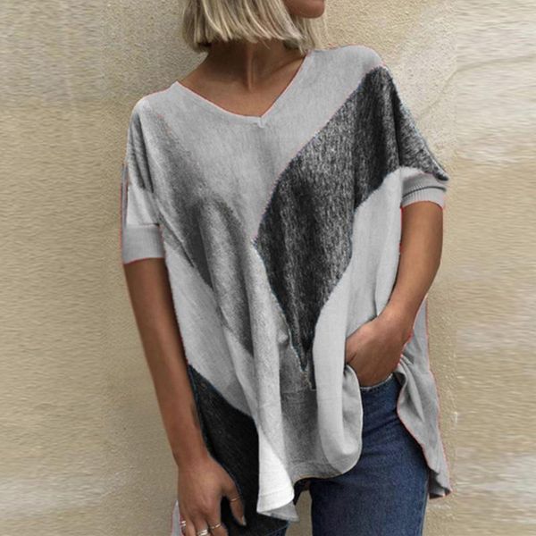 

women's t-shirt 40# plus size t_shirts womens vintage summer color-block short-sleeved v-neck pullover tee ropa de mujer 2021, White