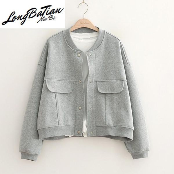 

women's jackets 2021 spring autumn korean loose big pocket stand collar short baseball uniform women coat long sleeve casual ladies out, Black;brown