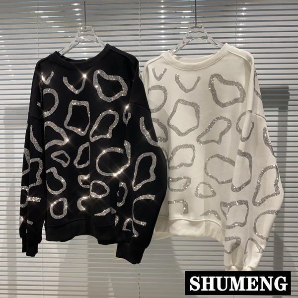 

women's hoodies & sweatshirts spring irregular circle water drill shiny crew neck long sleeve pullover sweatshirt high street fashion, Black