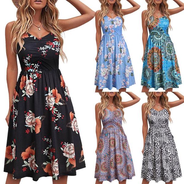 

casual dresses women fashion floral print sleeveless v-neck shirred summer a line for 2021 vestido de mujer, Black;gray