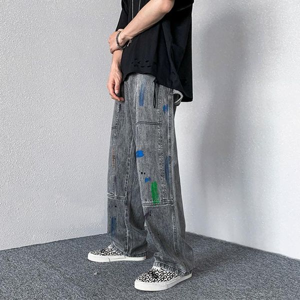 

men's jeans mens -2xl graffiti fashion retro gray blue pink casual men streetwear loose hip-hop straight denim trousers