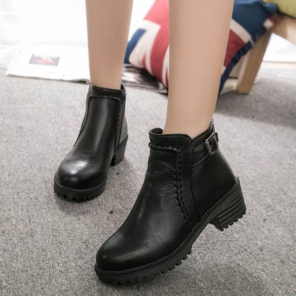 

boots leather women thick heels ankle for round toe winter shoes flat platform buckled, Black