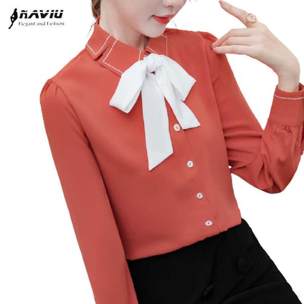 

fashion female bow tie shirt long sleeve design spring and autumn chiffon professional formal blouses 210604, White