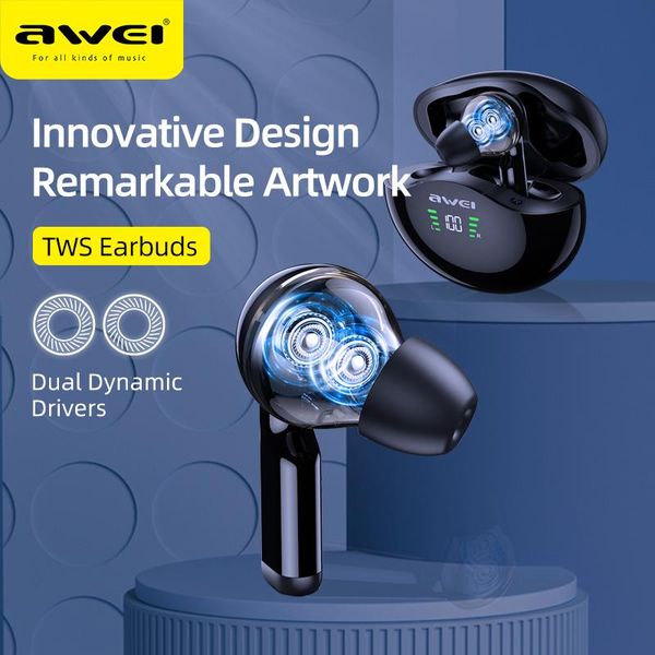 

awei t12p dual dynamic driver earbuds tws wireless earphone handsdeep bass touch control 5.0 in-ear with mic cell phone earph earphones