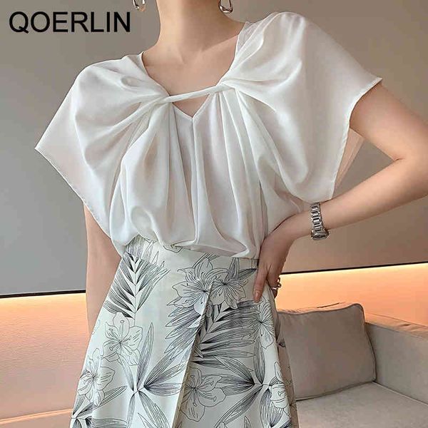 

qoerlin french elegance pleated v neck blouse ladies summer new loose blue sleeveless shirt white chiffon shirt women plus 210416