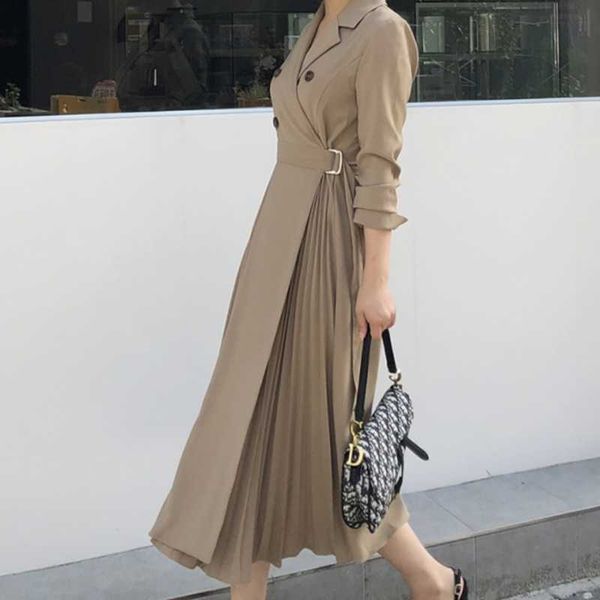 

casual dresses 2021 spring autumn double breasted ol pleated dress women notched slim high waist office bottoming, Black;gray