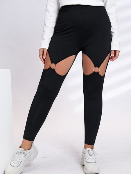 

plus high waist o-ring cut out leggings i2xw#, Black