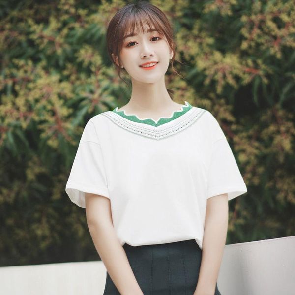 

women's t-shirt chic khaki 2021 summer lace v-neck color-block short-sleeved white loose ins artistic all-matching top