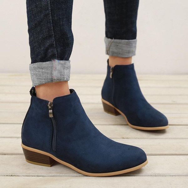 

boots 2021 spring women ankle square mid heel zip shoes pointed toe female classic blue autumn plus size 42 43, Black