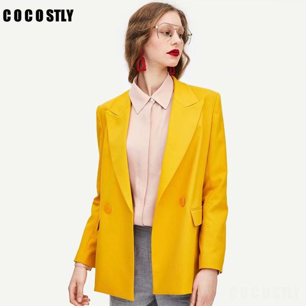 

women's suits & blazers women yellow blazer pockets double breasted long sleeve office lady wear coat solid female casual outerwear fe, White;black