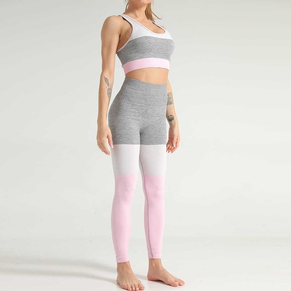 

seamls contrast stitching running fitns bra yoga pants sports suit women, Gray
