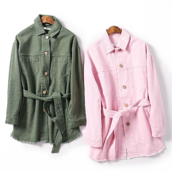 

women's jackets double pockets denim streetwear jacket women autumn 2021 casual sashes jeans loose long coats female chaquetas mujer, Black;brown
