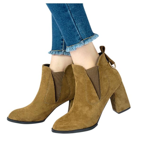 

boots autumn winter women's ladies fashion stretch fabric suede short ankle slip on thick heels square high shoes, Black