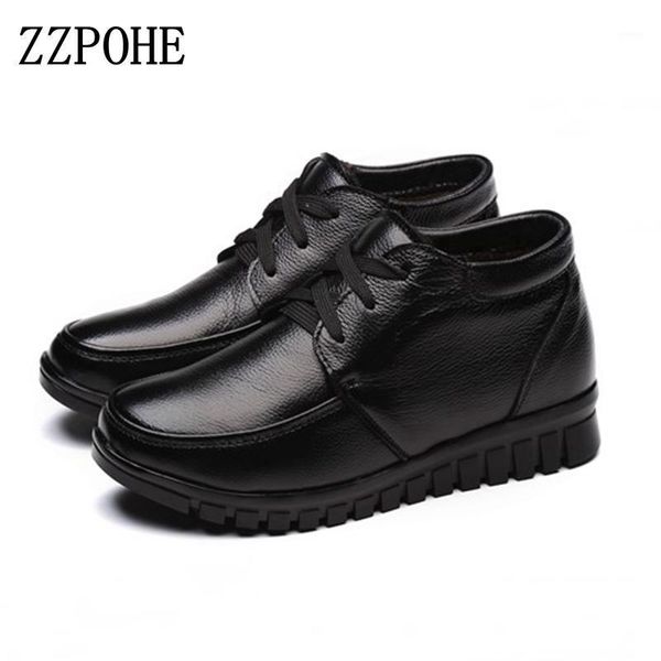 

boots zzpohe women shoes 2021 winter fashion genuine leather wedges ankle mother lace-up snow1, Black