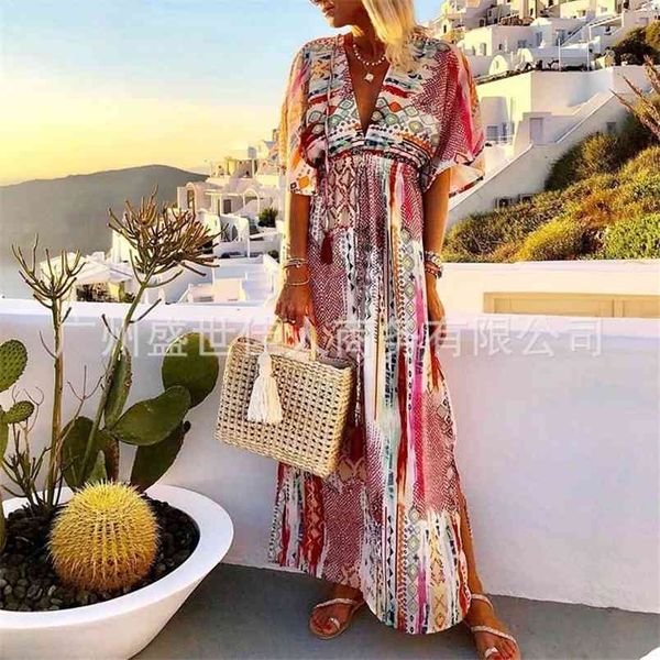 

women's summer retro bohemian geometric snake pattern dress deep v-neck short sleeve long split maxi 210517, Black;gray