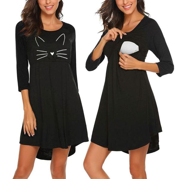 

women maternity clothes cartoon cat printed dresses o-neck three quarter sleeve multifunctional breastfeeding dress vestido, White