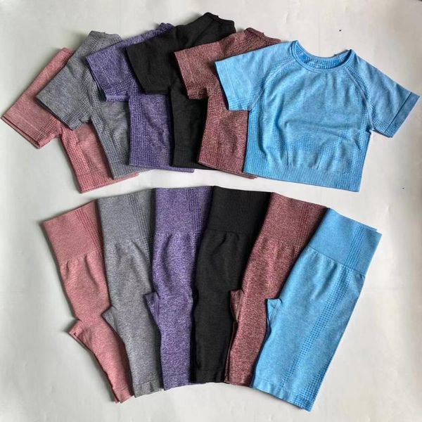 

yoga outfit seamless sport suit women gym workout clothes short sleeve fitness crop high waist shorts fifth pants leggings set