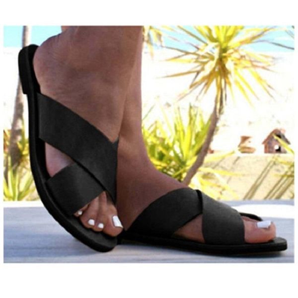 

slippers summer women beach flat sandals ladies open toe casual outdoor slides cross strap female shoes big size flip flops, Black