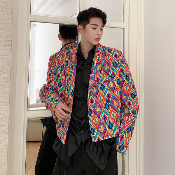 

men's suits & blazers vintage pattern fashion print casual short suit jacket blazer spring autumn male women japan korea style coat out, White;black
