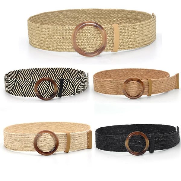 

belts vintage boho braided waist belt summer solid female round wooden smooth buckle fake straw wide for women, Black;brown