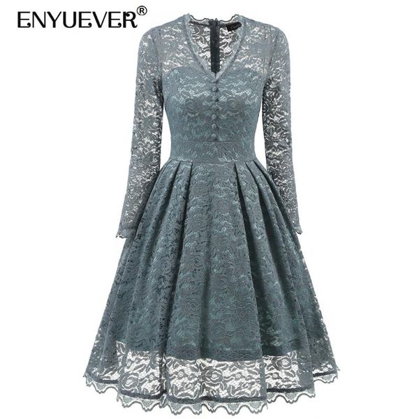 

casual dresses enyuever elegant lace dress women spring clothing high waist v neck long sleeve robe pin up swing evening party vestidos, Black;gray