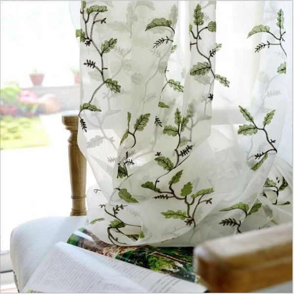 

modern and simple pastoral green brown blue leaves embroidery curtains for living room screen all- gauze sheer curtain & drapes