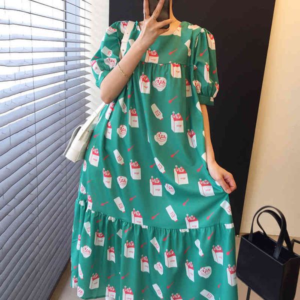 

[ewq] women vacation traveling blue pleated printed robe dress new square collar short puff sleeve loose fashion summer 16f1307 210423, Black;gray