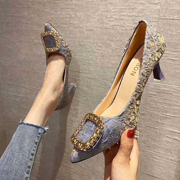 

fairy temperament pointed high heels women 2021 autumn fashion wrinkled face square buckle shallow mouth thin heel sho