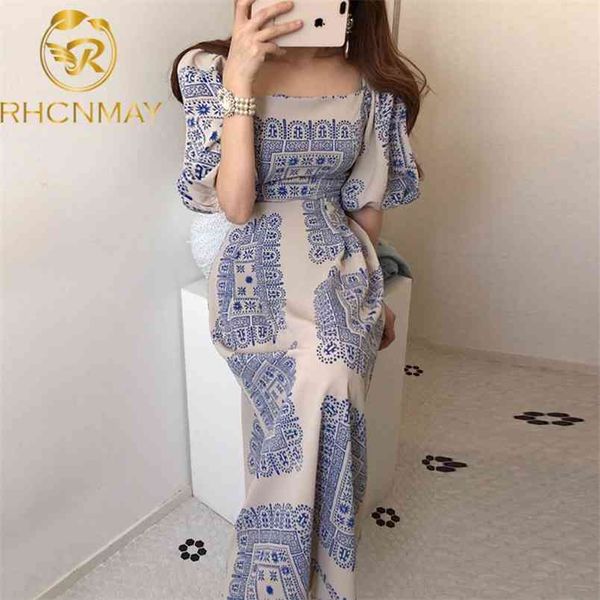 

summer women vintage loose high waist slim was thin elegant square collar hir color maxi dress 210506, Black;gray