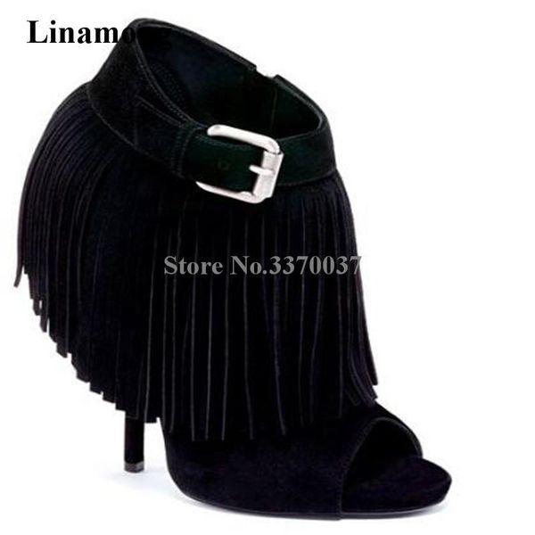 

boots brand design women fashion peep toe suede leather stiletto heel buckle short black white tassels high ankle booties
