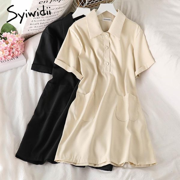 

casual dresses syiwidii dress for women summer 2021 korean turn-down collar short sleeve pockets fashion a-line black button up, Black;gray