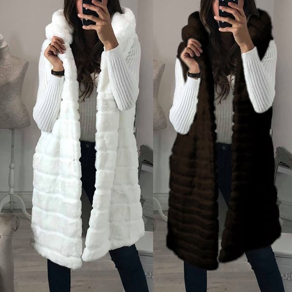 

women's fur & faux fur 2022 long hoodie waistcoant women fashion sleeve hooded slim furs jackets stripe longs vest party outwear coat s, Black