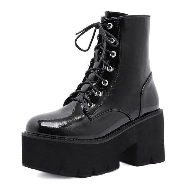 

boots punk goth ankle women black chunky wedge platform shoes woman lace autumn patent leather footwear lady botas mujer