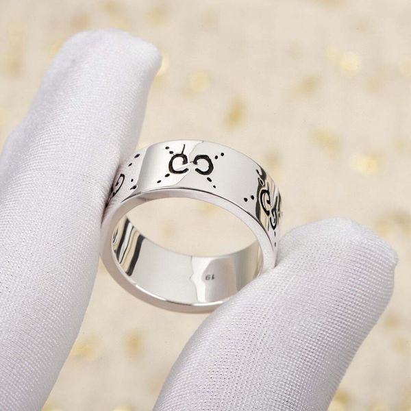 S925 Silber Totenkopf-Design-Band, breiter Ring mit schwarzen Worten, Stil für Damen und Herren, Hochzeitsschmuck, Geschenk, mit Box-Stempel PS4697