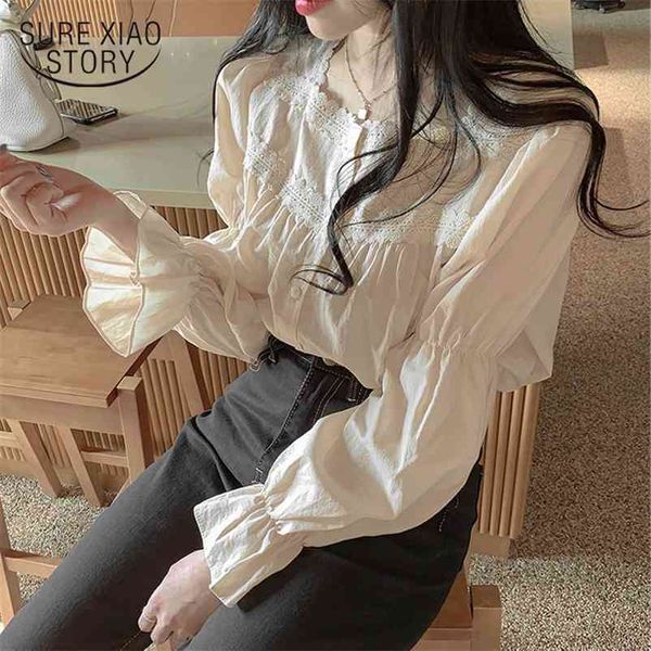

casual solid cardigan shirts autumn lace stitching square collar puff long sleeve women blouse blusas mujer 10955 210415, White