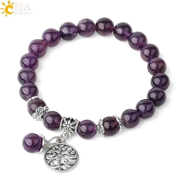 

csja natural stone strand bracelets single color crystal beaded tree of life charms bracelet healing energy female jewelry g422, Red;brown