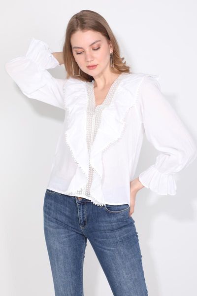 

women's blouses & shirts white ribbon lace detail bluz