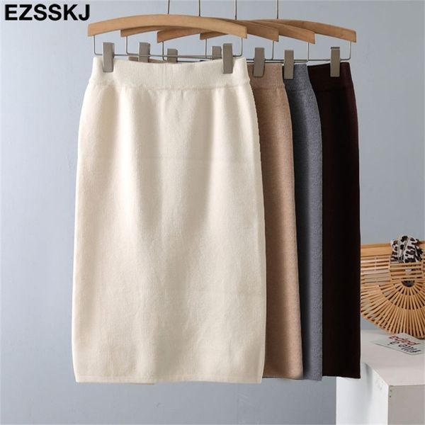 

casual long bodycon thick sweater midi skirt female autumn winter split back warm mid-length slim knit women 211119, Black