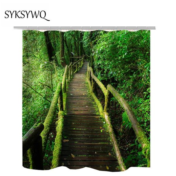 

shower curtains 3d forest curtain green tropical drop wood bridge bathroom rings