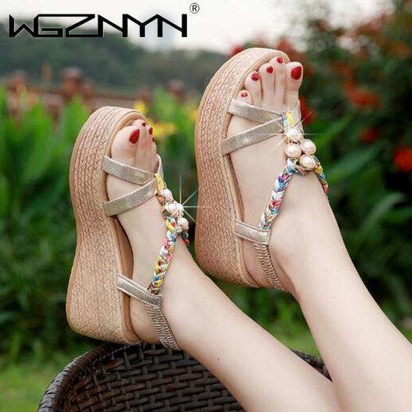 

sandals 2021 summer shoes woman flat bohemian pearl sandalias thongs color beads women, Black