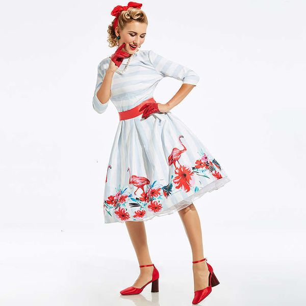 

hepburn casual style dresses big swing skirt round neck mid sleeve stripe print lace up waist dress, Black;gray