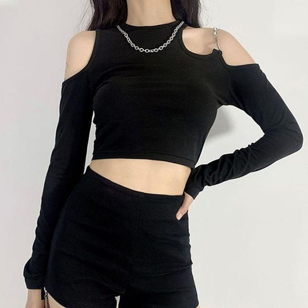 

women's t-shirt fashion design 2021 summer leisure creative hipster high street strapless navel solid color round neck long sleeve, White