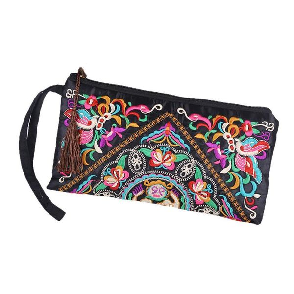

women wallet embroider purse clutch mobile phone bag coin butterfly flower, Red;black