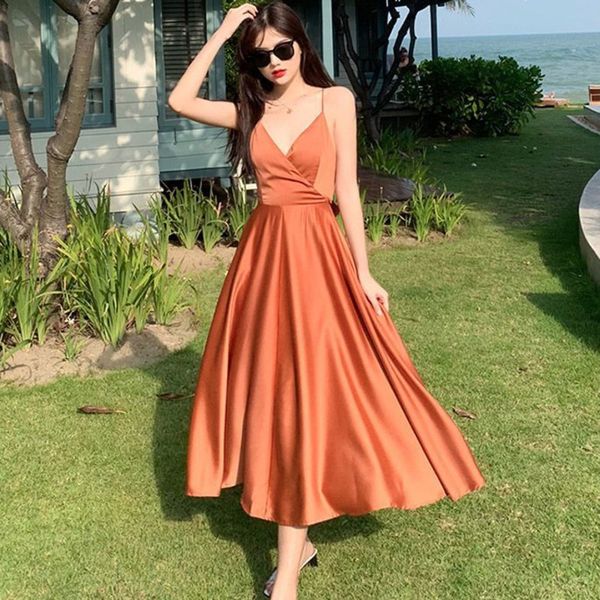 

beach vestidos robes sweet summer strap sleeveless boho dress backless bowknot long elegant satin party dresses 210510, Black;gray