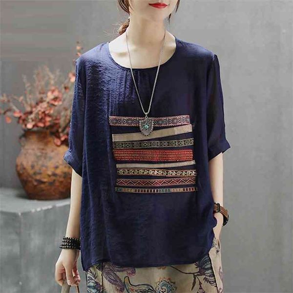 

summer arts style women short sleeve loose tee shirt femme patchwork cotton linen vintage long tshirts plus size s761 210512, White