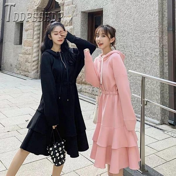 

casual dresses 2021 hooded autumn winter women dress korean loose ruffles female, Black;gray
